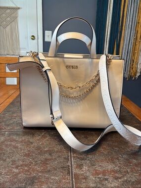 GUESS Cream Satchel with Gold Chain and Embossed Detachable Strap
